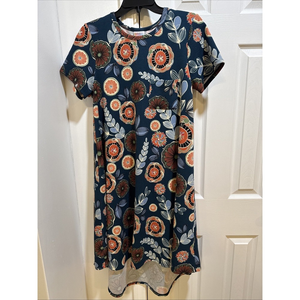 LuLaroe Carly Dress Blue & Orange Floral High Low Small Beautiful Fall Colors